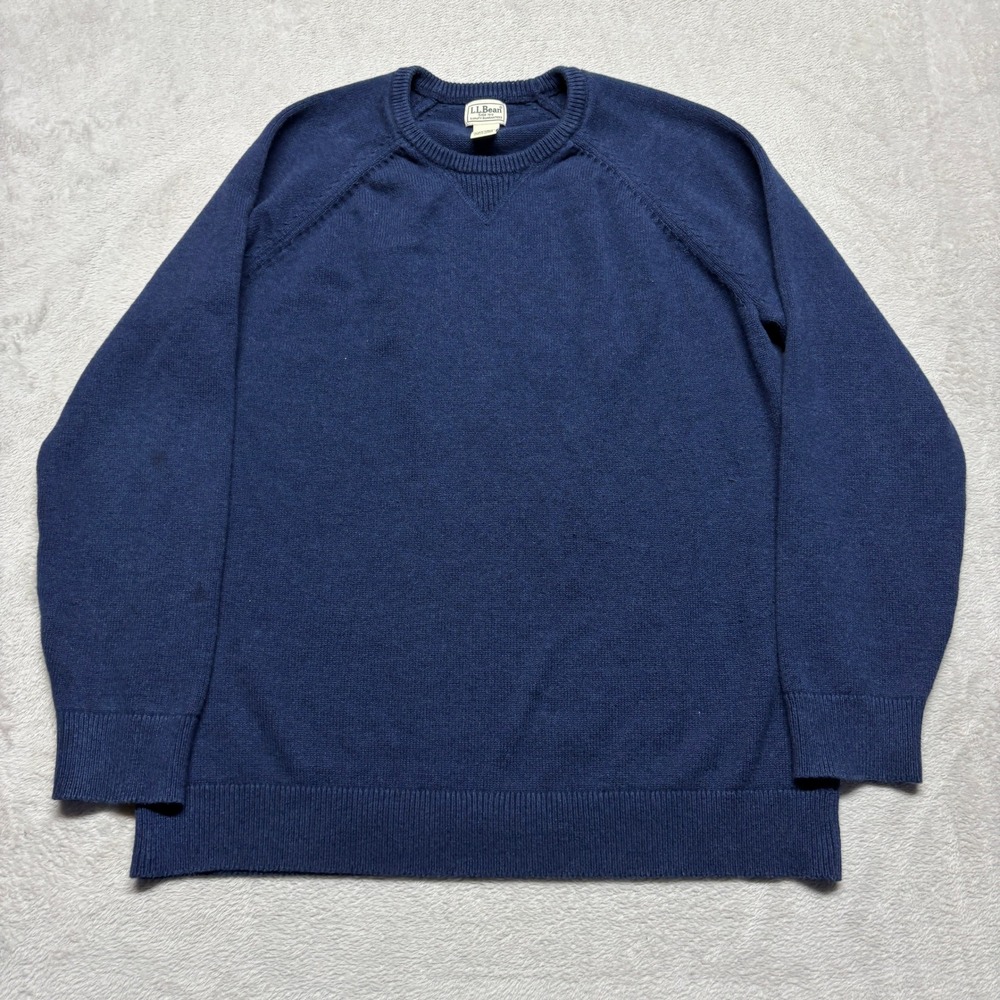 LL Bean Cotton Cashmere Crewneck Sweater Mens Large Tall LT Navy Blue Raglan